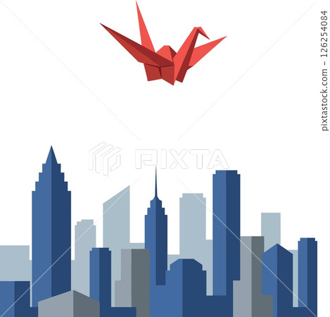 Red Origami Crane Flying Above Blue and Gray City Skyline Vector Illustration 126254084
