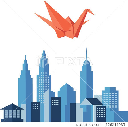 Origami crane flying above modern city skyline with blue buildings vector illustration Origami crane flying above modern city skyline with blue buildings vector illustration 126254085