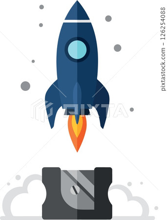 Rocket launching from platform with blue and orange colors vector illustration Rocket launching from platform with blue and orange colors vector illustration 126254088