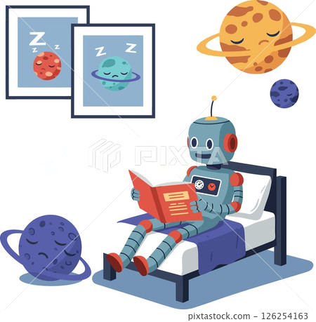 Robot reading book on bed with colorful sleeping planets illustration vector 126254163