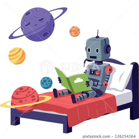 Robot reading book on bed with colorful planets floating in space-themed room vector illustration 126254164