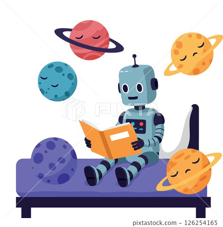 Robot reading book on bed with colorful planets floating around in playful scene Robot reading book on bed with colorful planets floating around in playful scene 126254165
