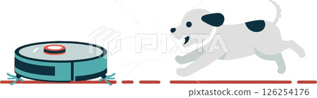 Dog chasing robot vacuum cleaner pet play activity vector illustration 126254176