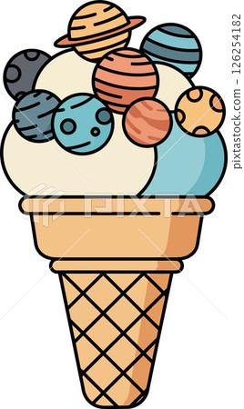 Ice Cream Cone with Colorful Planet Spheres Space Theme Vector Illustration 126254182