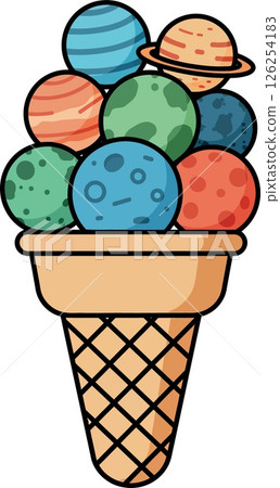 Planet themed colorful ice cream cone with multiple scoops in vector illustration Planet themed colorful ice cream cone with multiple scoops in vector illustration 126254183