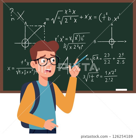 Confused student solving complex math problems on classroom chalkboard vector illustration Confused student solving complex math problems on classroom chalkboard vector illustration 126254189