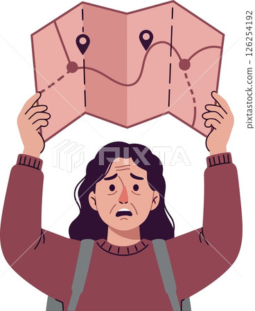 Woman traveler holding map with confused expression lost during journey vector illustration Woman traveler holding map with confused expression lost during journey vector illustration 126254192