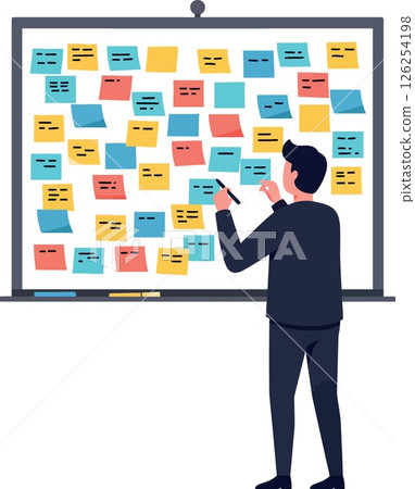 Man Organizing Colorful Sticky Notes on Whiteboard for Task Planning and Workflow Management Man Organizing Colorful Sticky Notes on Whiteboard for Task Planning and Workflow Management 126254198