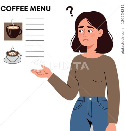 Woman confused by coffee menu with steaming cups illustration and question mark in casual outfit Woman confused by coffee menu with steaming cups illustration and question mark in casual outfit 126254211