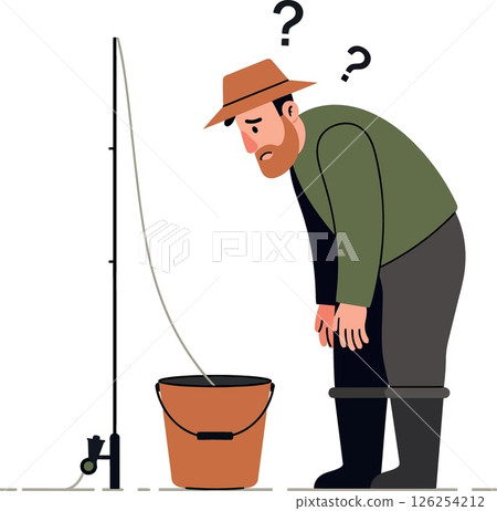 Confused Fisherman Wearing Hat Looking at Empty Bucket and Fishing Rod Vector Illustration Confused Fisherman Wearing Hat Looking at Empty Bucket and Fishing Rod Vector Illustration 126254212
