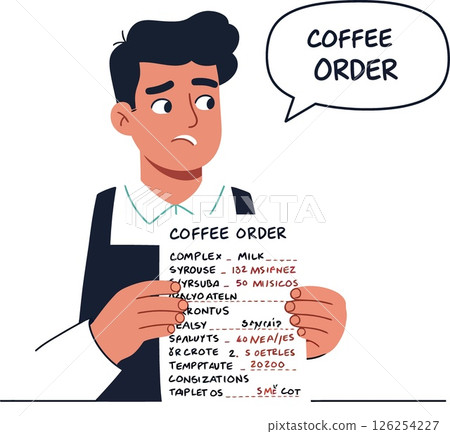 Man holding complex coffee order list with speech bubble illustration vector Man holding complex coffee order list with speech bubble illustration vector 126254227