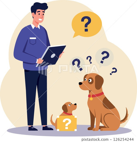 Man questioning with tablet and two dogs surrounded by question marks in vector illustration 126254244