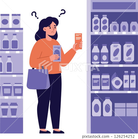 Woman shopping confused in supermarket aisles holding products vector illustration Woman shopping confused in supermarket aisles holding products vector illustration 126254252