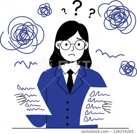Confused businesswoman holding documents with question marks and scribbles vector illustration Confused businesswoman holding documents with question marks and scribbles vector illustration 126254265