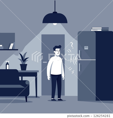 Man confused by refrigerator sound in modern home interior illustration vector 126254281