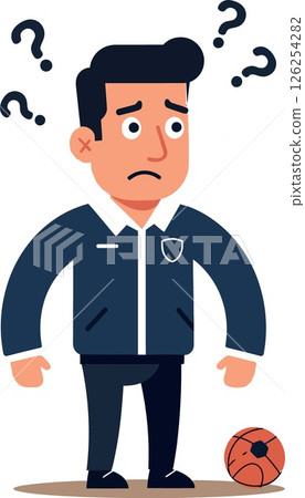 Confused man standing near basketball with question marks around head vector illustration 126254282