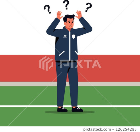 Confused man standing on sports field with question marks above head vector illustration Confused man standing on sports field with question marks above head vector illustration 126254283