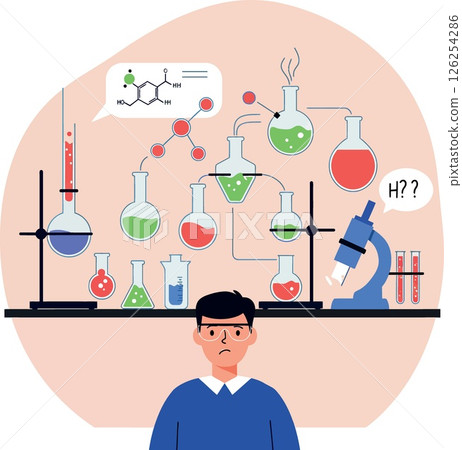 Scientist confused by complex colorful chemical experiments in laboratory vector illustration Scientist confused by complex colorful chemical experiments in laboratory vector illustration 126254286