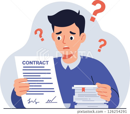Confused man reading contract with question marks and documents vector illustration Confused man reading contract with question marks and documents vector illustration 126254291