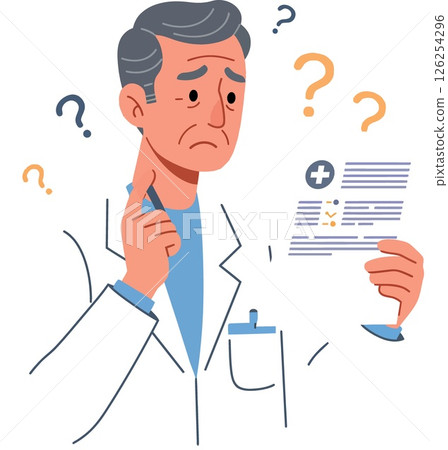 Confused male doctor holding medical report with question marks vector illustration 126254296