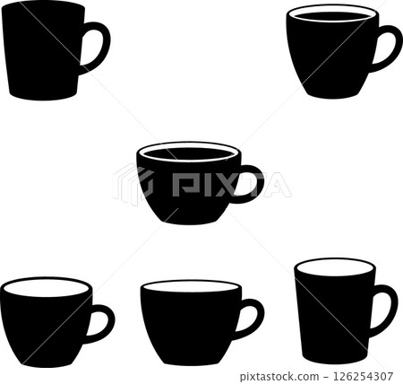 Coffee cup silhouette set with six different black mug shapes vector illustration Coffee cup silhouette set with six different black mug shapes vector illustration 126254307