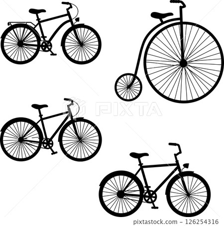 Classic and Vintage Bicycle Silhouettes Vector Illustration Set with Penny Farthing and Modern Bikes Classic and Vintage Bicycle Silhouettes Vector Illustration Set with Penny Farthing and Modern Bikes 126254316