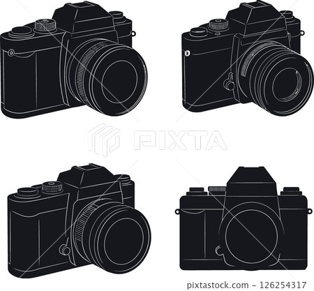 Vintage camera silhouette set with different angles black illustration vector design Vintage camera silhouette set with different angles black illustration vector design 126254317