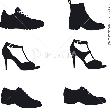 Black silhouette shoes collection including sneakers boots heels and dress shoes vector illustration 126254332