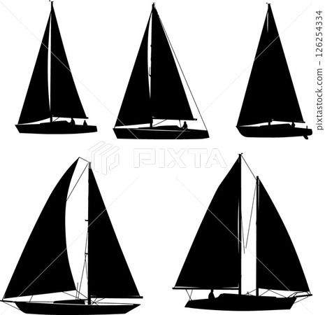 Sailboat silhouettes vector set with five different sailing yacht designs black on white Sailboat silhouettes vector set with five different sailing yacht designs black on white 126254334