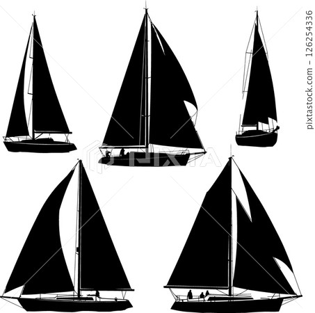 Sailboats silhouettes collection with black sails isolated on white background vector illustration Sailboats silhouettes collection with black sails isolated on white background vector illustration 126254336