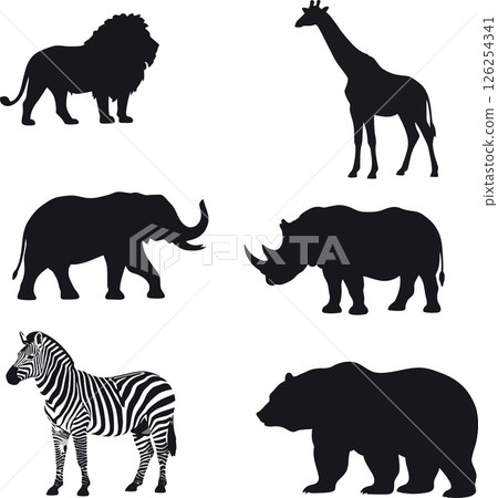African wildlife silhouettes including lion, giraffe, elephant, rhinoceros, zebra, and bear vector illustration African wildlife silhouettes including lion, giraffe, elephant, rhinoceros, zebra, and bear vector illustration 126254341