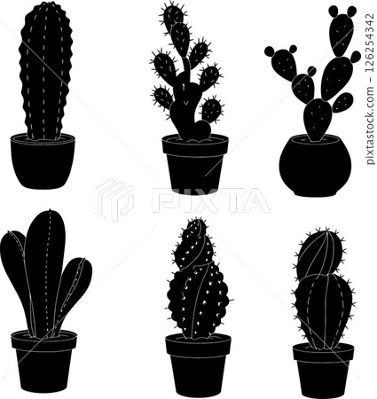 Collection of six black silhouette cactus plants in pots vector illustration Collection of six black silhouette cactus plants in pots vector illustration 126254342