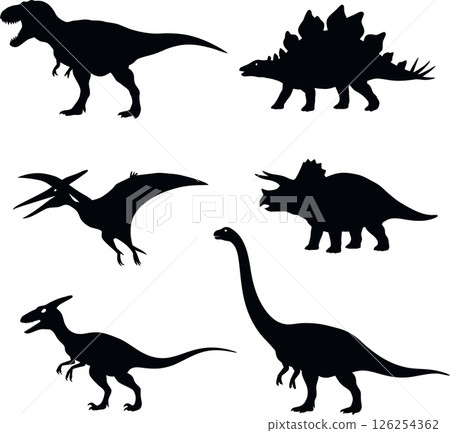 Dinosaur silhouettes set including tyrannosaurus stegosaurus pterodactyl triceratops brachiosaurus and parasaurolophus vector illustration 126254362