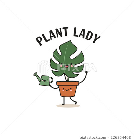 Cute Plant Lady Monstera Leaf Potted Plant Holding Watering Can Illustration for T-shirt Designs Cute Plant Lady Monstera Leaf Potted Plant Holding Watering Can Illustration for T-shirt Designs 126254408