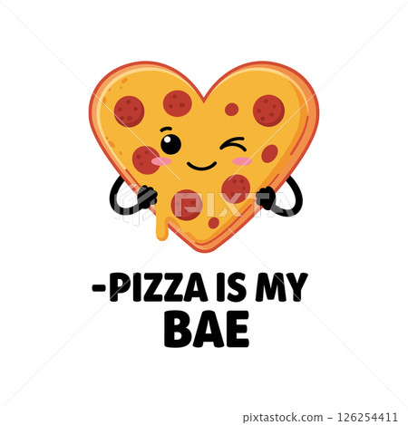 Heart shaped pizza cartoon character with pepperoni ideal for tshirt prints and projects 126254411