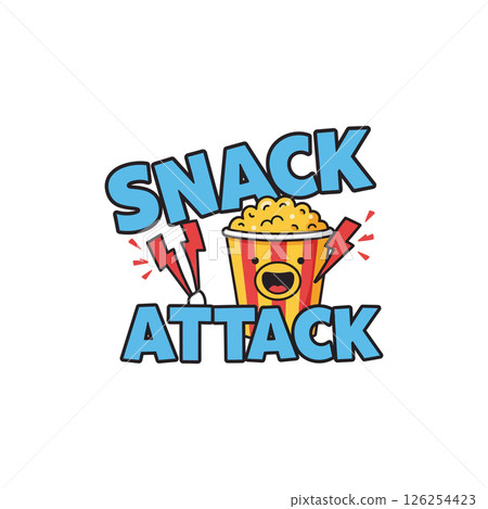Snack Attack Cartoon Popcorn Bucket Funny Food Illustration for T-shirt Design Projects 126254423