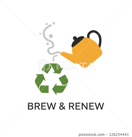 Tea kettle pouring steam over green recycling symbol eco friendly vector illustration for t-shirt print Tea kettle pouring steam over green recycling symbol eco friendly vector illustration for t-shirt print 126254441