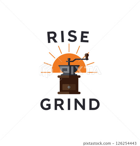 Coffee Grinder Illustration with Sunrise and Motivational Rise Grind Text for T-shirt Designs Coffee Grinder Illustration with Sunrise and Motivational Rise Grind Text for T-shirt Designs 126254443
