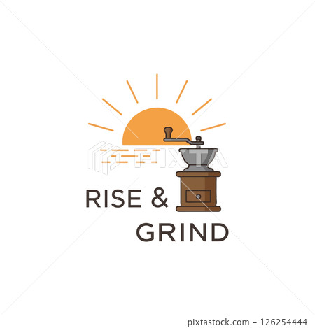Coffee grinder with sunrise illustration for t-shirt print and mug designs vector art Coffee grinder with sunrise illustration for t-shirt print and mug designs vector art 126254444