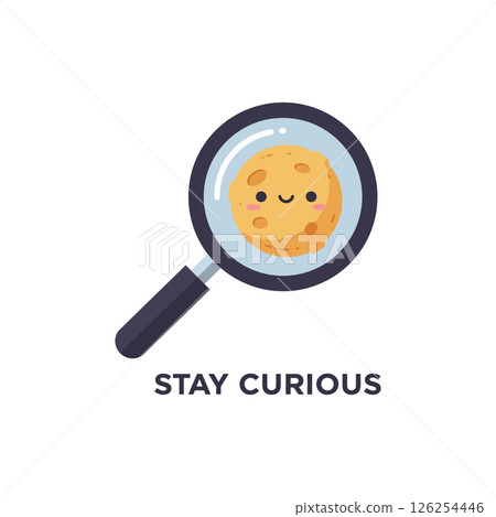 Cute magnifying glass with cookie character stay curious inspirational vector illustration for tshirt designs Cute magnifying glass with cookie character stay curious inspirational vector illustration for tshirt designs 126254446