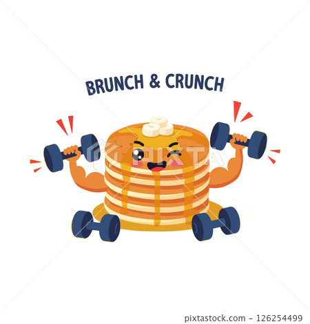 Pancake character lifting dumbbells brunch and crunch fitness vector illustration for t-shirt design Pancake character lifting dumbbells brunch and crunch fitness vector illustration for t-shirt design 126254499