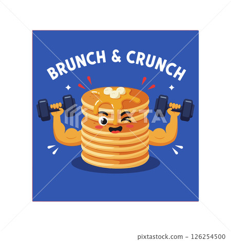 Pancake stack with muscular arms lifting dumbbells healthy brunch vector illustration for tshirt designs 126254500