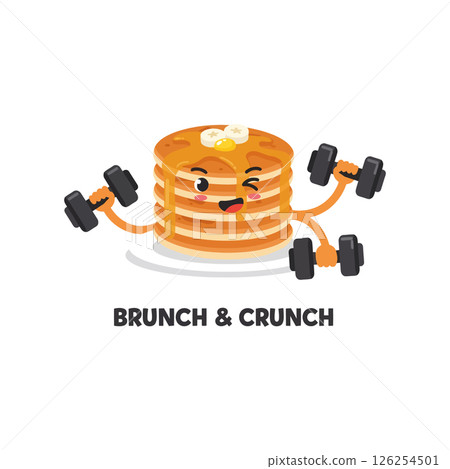 Pancake character lifting dumbbells fitness breakfast workout vector illustration cute design 126254501