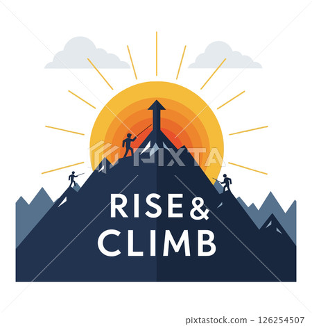 Mountain Climbing Vector Illustration with Sunrise and Motivational Text for Outdoor Projects Mountain Climbing Vector Illustration with Sunrise and Motivational Text for Outdoor Projects 126254507