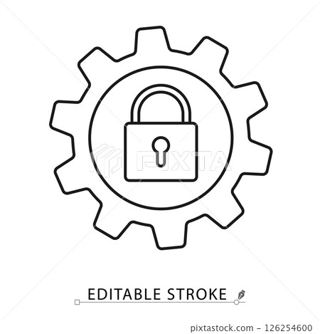 Security settings icon with closed padlock inside gear, in minimal black outline style on white background. Editable stroke vector for access control, privacy or system protection. secure settings. Security settings icon with closed padlock inside gear, in minimal black outline style on white background. Editable stroke vector for access control, privacy or system protection. secure settings. 126254600