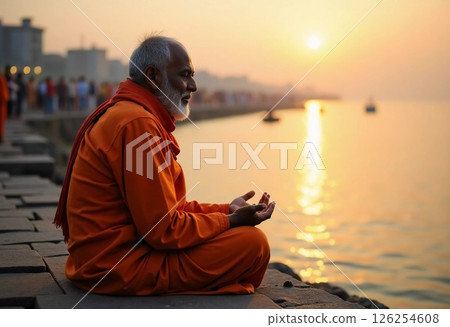 A serene monk sits cross-legged on the riverside stones at Varanasi, basking in the warm glow of the rising sun over the Ganges, embodying peace and spirituality amidst a vibrant morning AI A serene monk sits cross-legged on the riverside stones at Varanasi, basking in the warm glow of the rising sun over the Ganges, embodying peace and spirituality amidst a vibrant morning AI 126254608