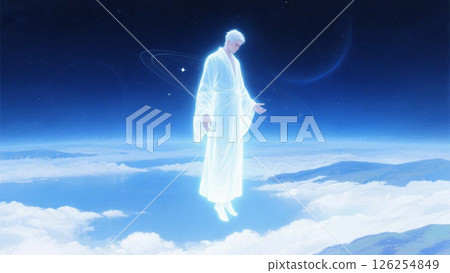 一位身穿白色長袍的男子漂浮在雲海中的奇幻插圖 126254849