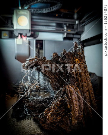 Massive spaghetti failure on a 3D printer caused by high temperatures turning filament into a fluid state. 126254875