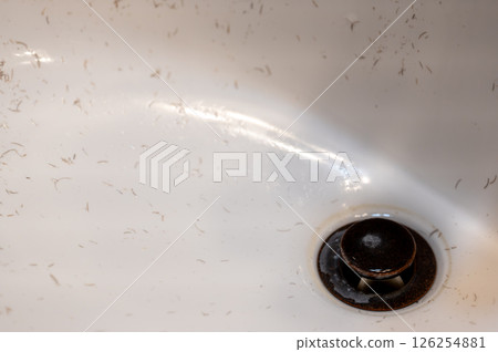 Small pieces of hair left in a bathroom sink after a man finished shaving in the morning 126254881
