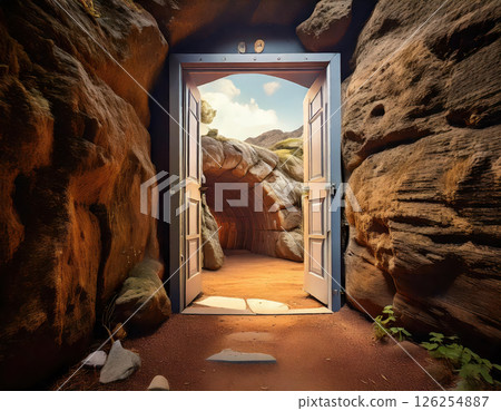Doorway opening to an enchanting rock formation environment with natural light illuminating the space. Generative AI 126254887